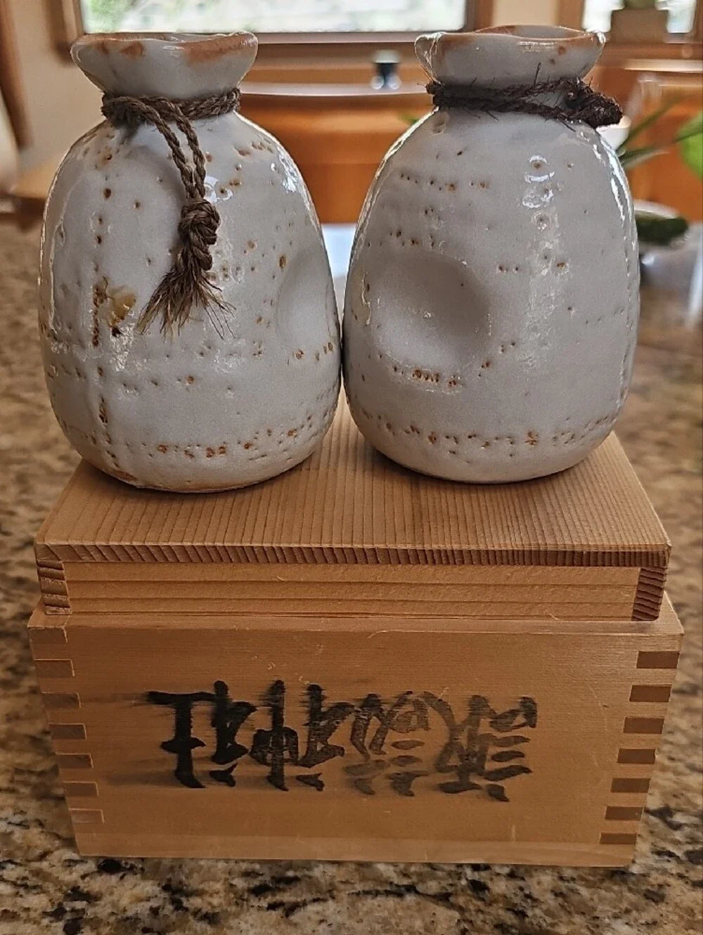 Vintage Japanese Shigaraki Ware Bag-Shaped Sake Bottles Pair Wood Box not used